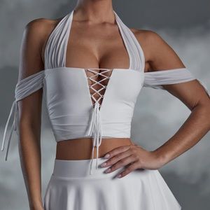 White lace up halter oh polly top